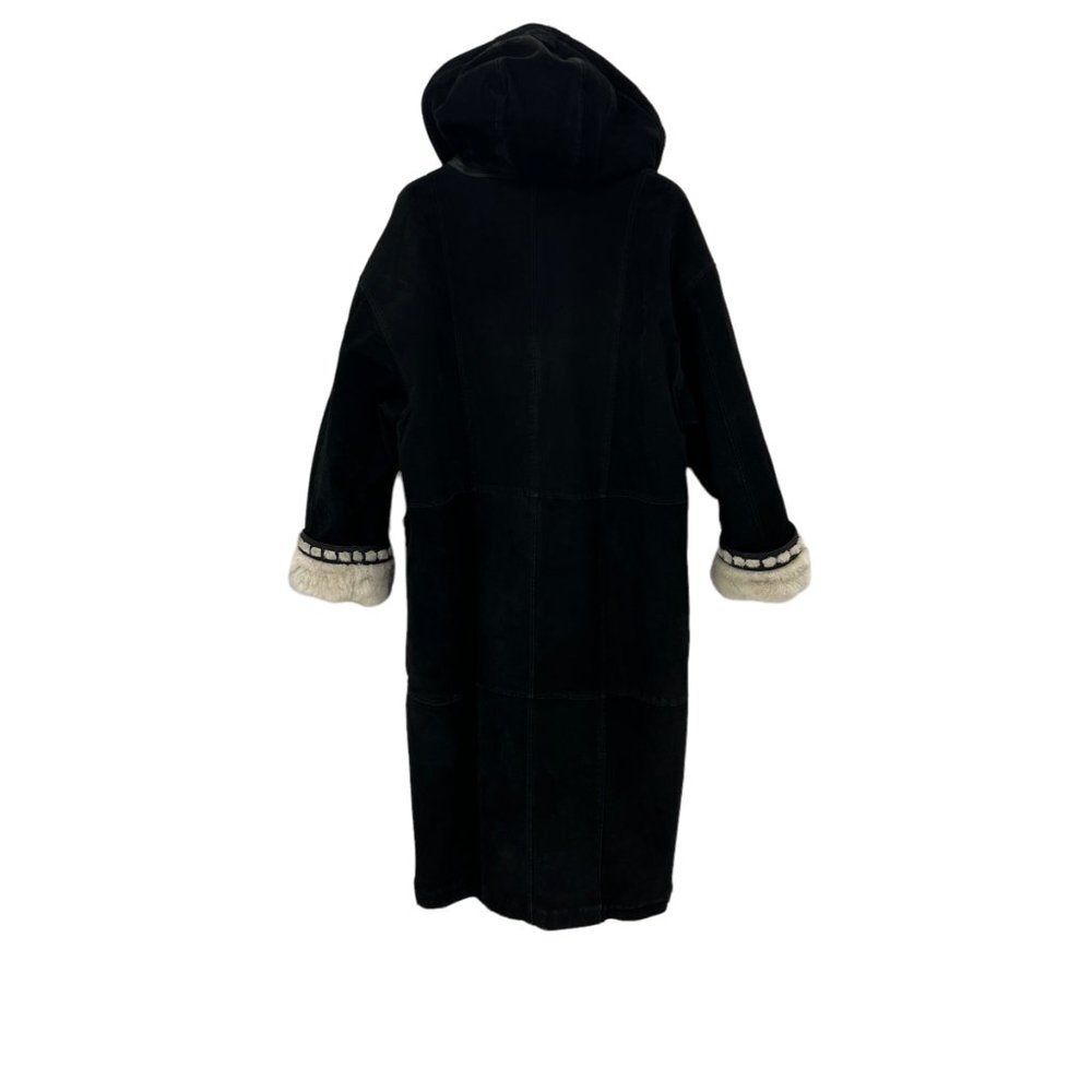 Vintage Sin by Morgan Cooper Black Suede Faux Fur Hooded Trench Coat Jacket L - Picture 7 of 16